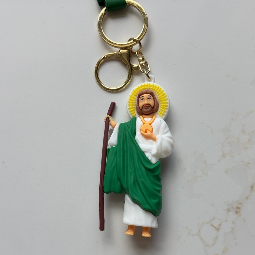 Saint Jude Keychain with Green Robe.  Great for kids backpacks/keys